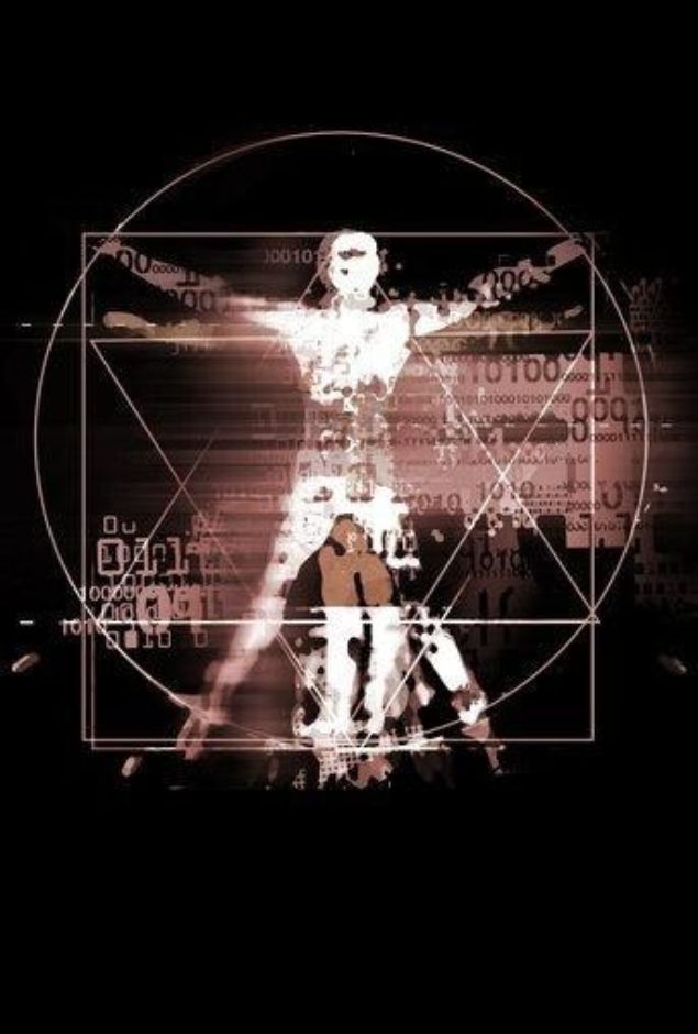 Vitruvian figure composed of binary code